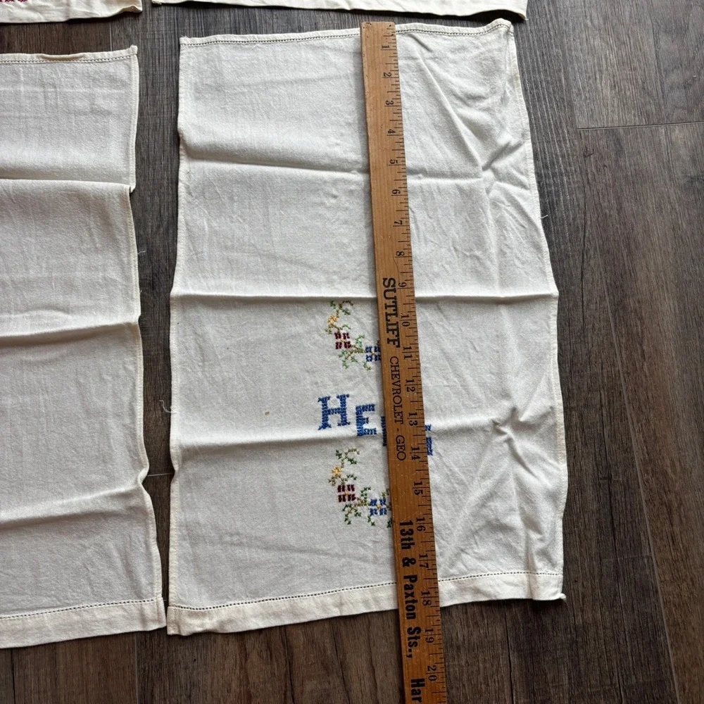 Vintage Hand Embroidered Tea Towels Set of 4 Floral His and Hers White Cotton